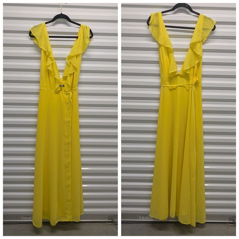 Boohoo Size 10 Yellow Ruffle Wrap Maxi Dress Bohemian Festival Goddess